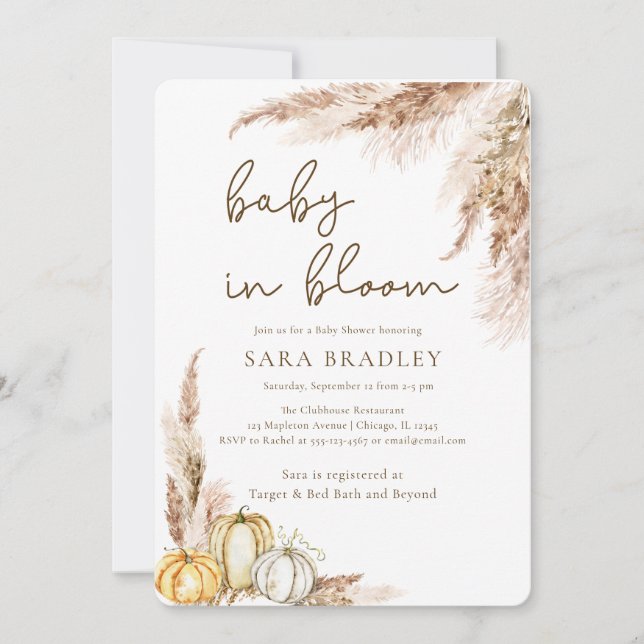 Invitation Bébé en fleur boho Fall pampas herbe baby shower (Devant)