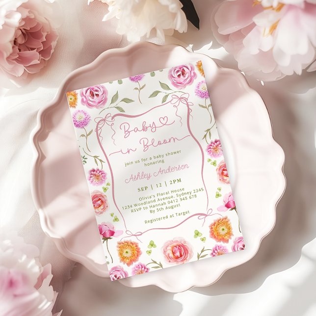 Invitation Bébé en Fleur Bow rose Baby shower floral (Créateur téléchargé)