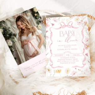 Invitation Bébé en fleur Bow rose Qr Code baby shower photo