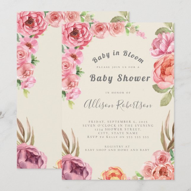 Invitation Bébé En Fleur Dusty Baby shower Floral Rose (Devant / Derrière)