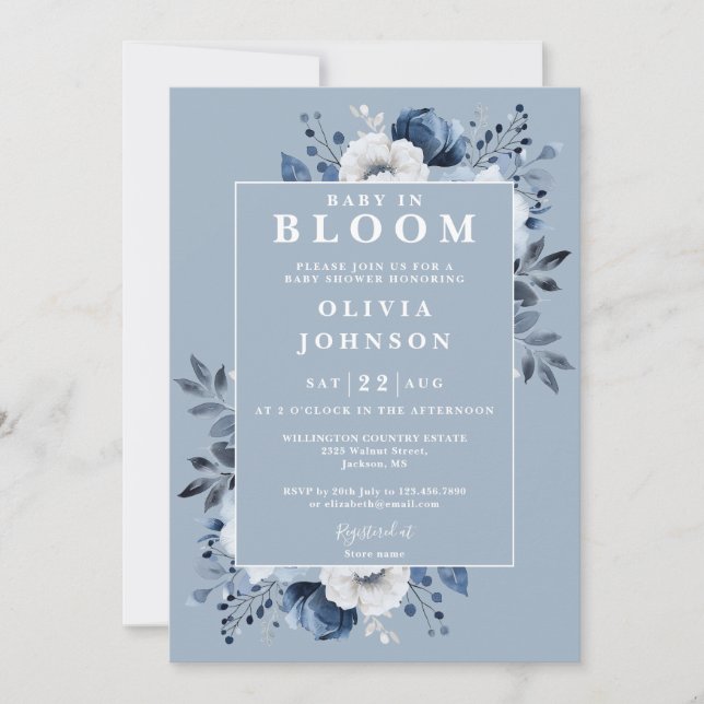 Invitation Bébé En Fleur Dusty Bleu Moderne Baby shower Flora (Devant)