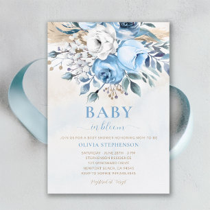 Invitation Bébé en Fleur Dusty Bleu Rose Élégant Baby shower