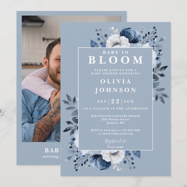 Invitation Bébé en fleur Dusty Blue Floral Baby shower photo (Devant / Derrière)