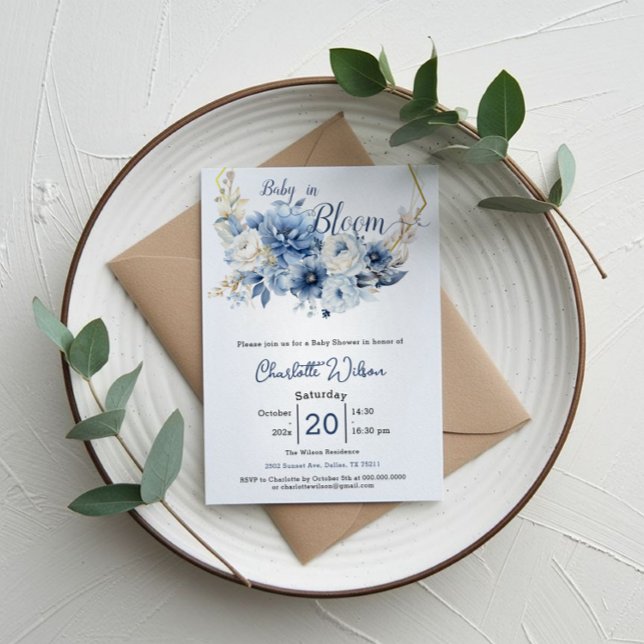 Invitation Bébé en fleur Elégant Baby shower Fleurs Bleues (Créateur téléchargé)
