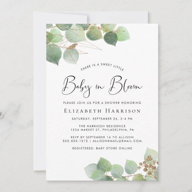Invitation Bébé en Fleur Eucalyptus Aquarelle Douche (Devant)