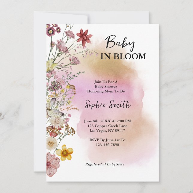 Invitation Bébé en fleur Fleur sauvage aquarelle (Devant)