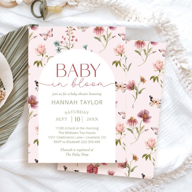Invitation Bébé en fleur Fleur sauvage Baby shower rose (Créateur téléchargé)