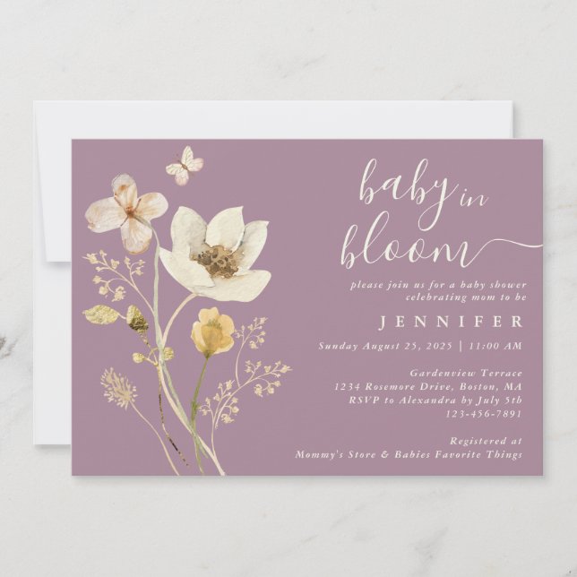 Invitation Bébé En Fleur Fleur sauvage Dusty Baby shower pour (Devant)