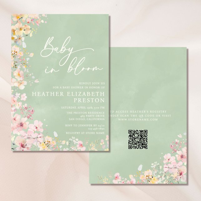 Invitation Bébé en fleur Fleur sauvage Sage Green Baby shower (Créateur téléchargé)
