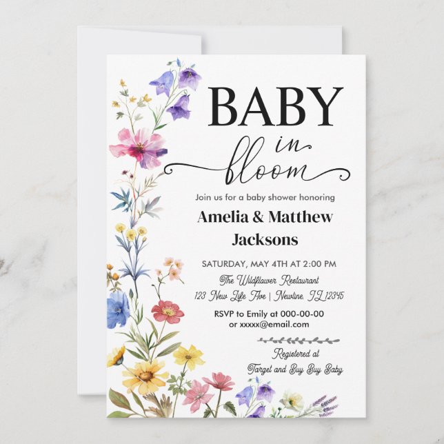 Invitation Bébé en fleur fleurs sauvages floraux sans sexe (Devant)