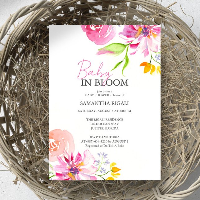 Invitation Bébé En Fleur Floral Aquarelle Douche (Baby in bloom baby shower invitation features unique water pink floral by Victoria Grigaliunas)