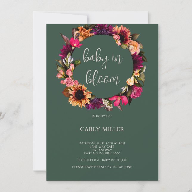 Invitation Bébé En Fleur Gras Vert Baby shower Floral (Devant)