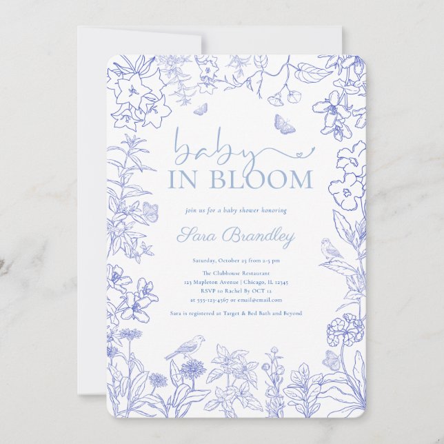 Invitation Bébé en Fleur Jardin Bleu Baby shower Chinoiserie (Devant)
