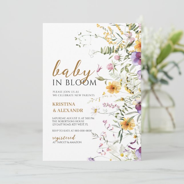 Invitation Bébé en Fleur Jaune & Violet Fleur sauvage Douche (Debout devant)