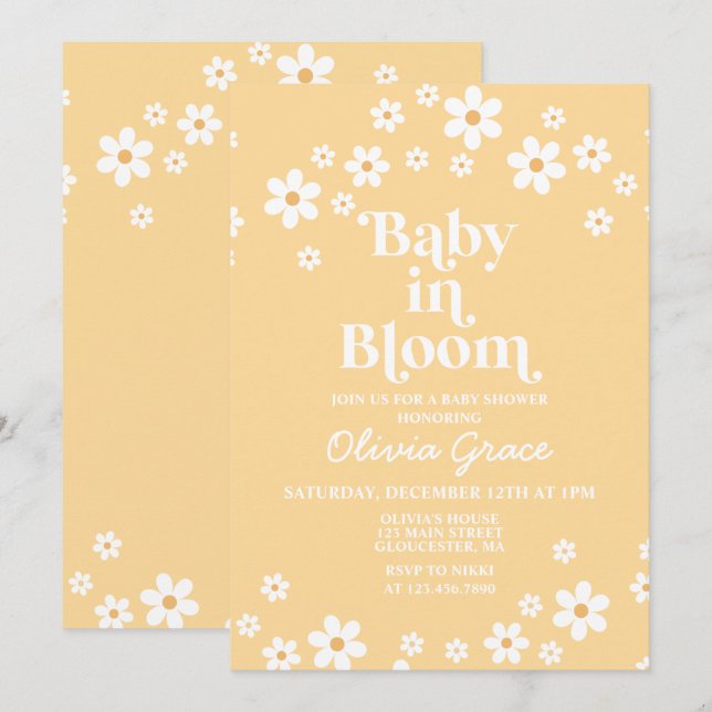 Invitation Bébé en fleur marguerite jaune Baby shower floral (Devant / Derrière)