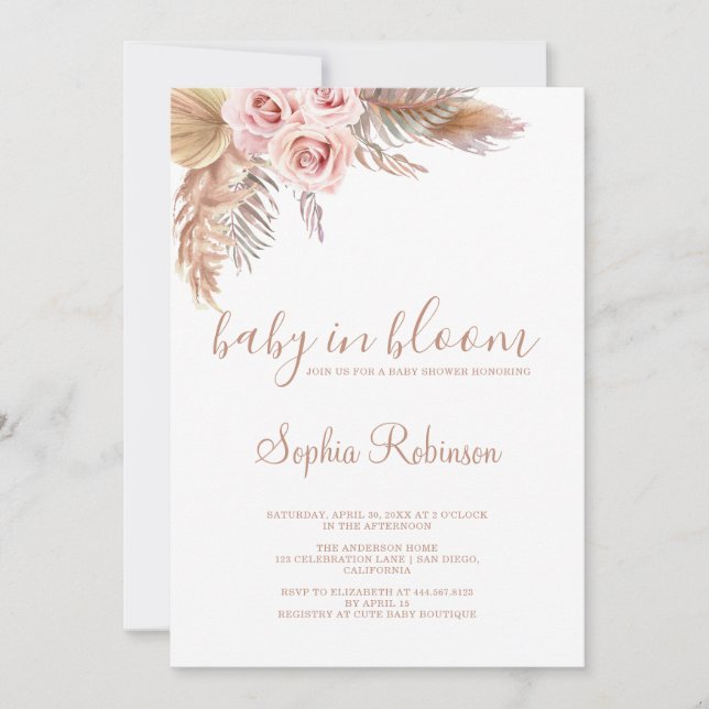 Invitation Bébé en Fleur Pampas Baby shower en laiton Boho (Devant)