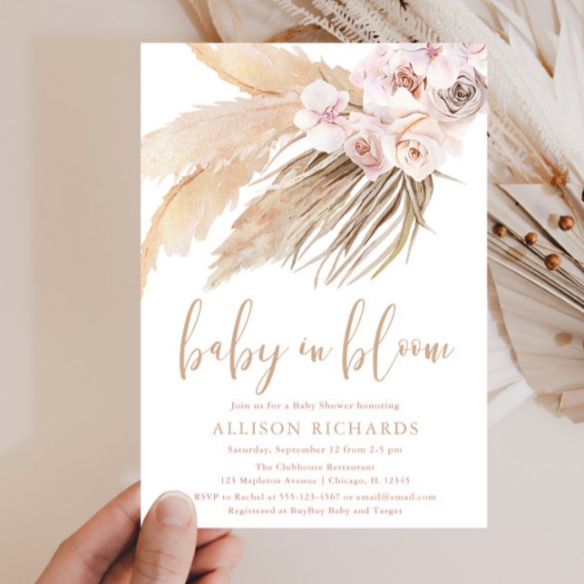 Invitation Bébé en fleur pampas herbe boho fille baby shower (Créateur téléchargé)