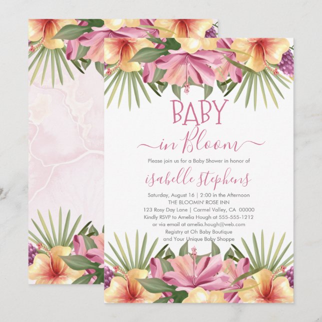 Invitation Bébé en Fleur rose Baby shower floral tropical Inv (Devant / Derrière)