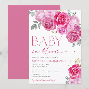 Invitation Bébé en Fleur rose chaud fuchsia florale fille