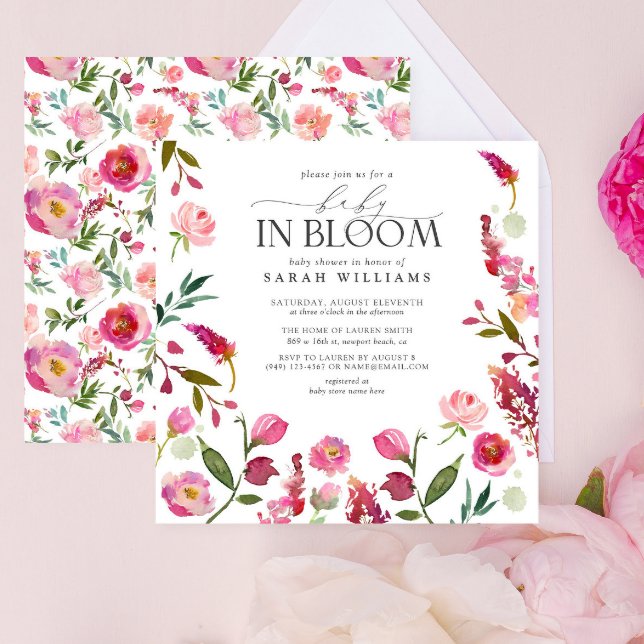 Invitation Bébé En Fleur Rose Fille Aquarelle Florale Douche (Baby Shower Invitation)