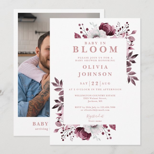 Invitation Bébé En Fleur Rose Fille Baby shower Photo Floral (Devant / Derrière)
