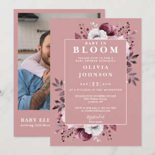 Invitation Bébé en fleur rose florale Photo QR Baby shower