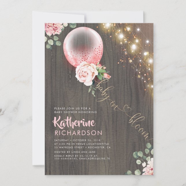 Invitation Bébé en Fleur rose or ballon Baby shower rustique (Devant)