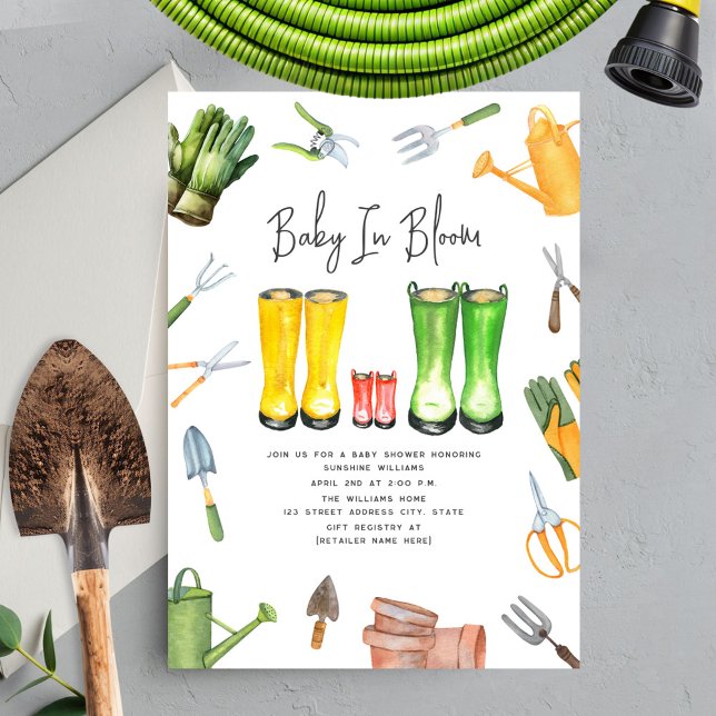 Invitation Bébé En Fleur Rouge Pluie Bottes Jardinage (Créateur téléchargé)