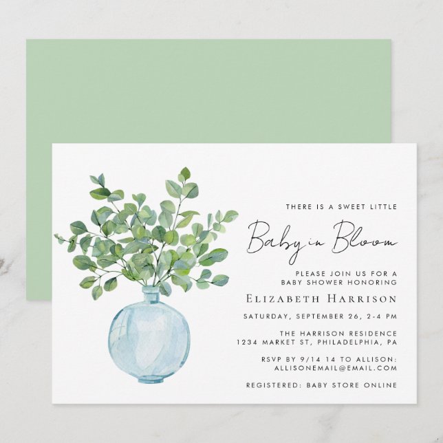 Invitation Bébé en fleur Sage Eucalyptus Aquarelle Douche (Devant / Derrière)