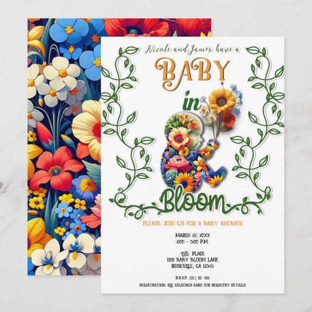 Invitation Bébé en fleur Vin Floral Baby shower feuille (Devant / Derrière)