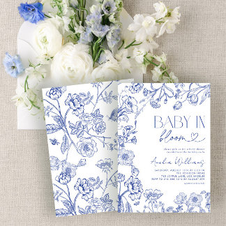 Invitation Bébé En Fleur Vintage Baby shower Floral Bleu