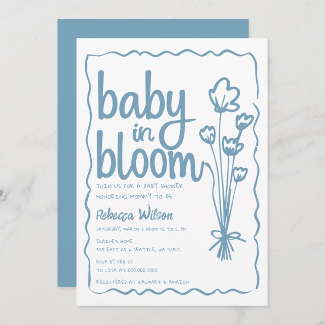 Invitation Bébé en fleur Whimsical main tiré Baby shower garç (Devant / Derrière)