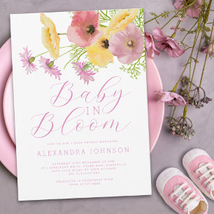 Invitation Bébé en fleurs aquarelle floral rose jaune