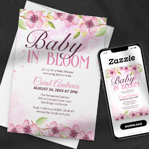 Invitation Bébé en fleurs Baby Shower aquarelle rose fleuri