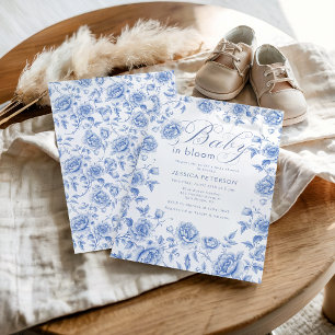 Invitation Bébé en fleurs Baby shower Chinoiserie bleu