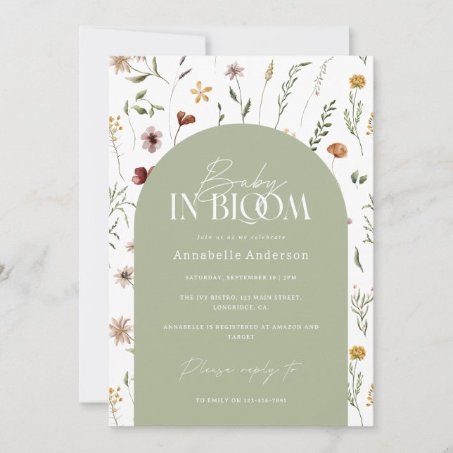 Invitation Bébé en fleurs douche fleur sauvage sauge arche ve (Devant)