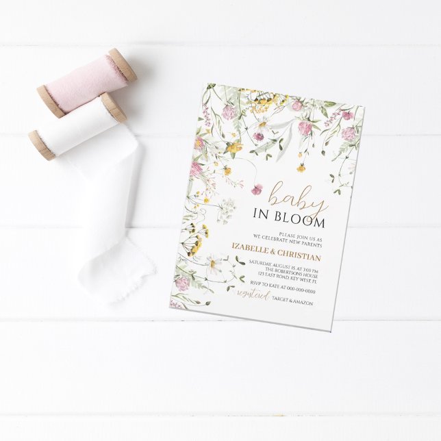Invitation Bébé en fleurs Fleurs sauvages roses et jaunes Sho (Créateur téléchargé)