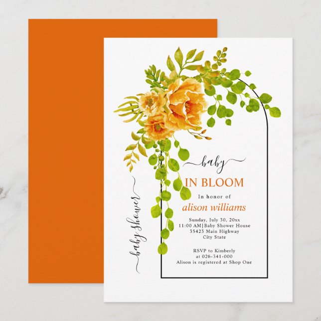 Invitation Bébé en fleurs orangées fleuries et baby shower en (Devant / Derrière)