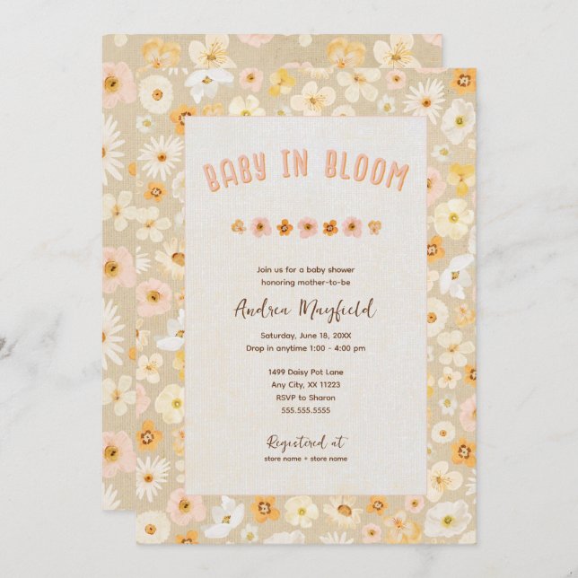 Invitation Bébé en fleurs pressées baby shower (Devant / Derrière)