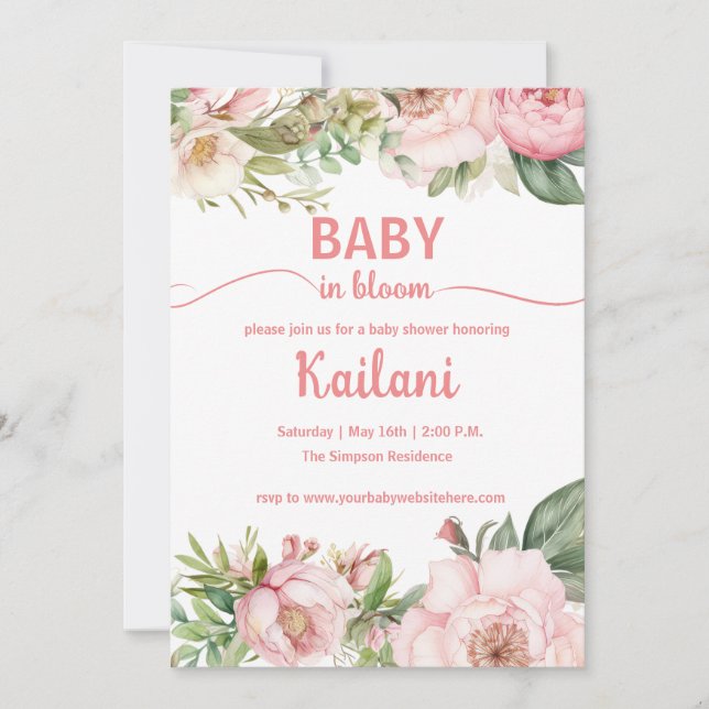 Invitation Bébé en fleurs rose floral (Devant)