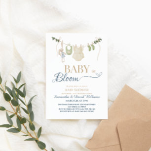 Invitation Bébé en fleurs sur une corde à linge botanique ble