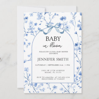 Invitation Bébé en fleurs Vintage floral bleu doux 