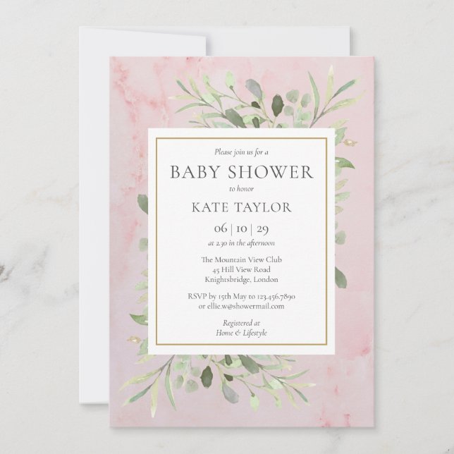 Invitation Bébé en marbre rose fille douche | Saupoudrer (Devant)