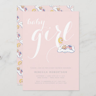 Invitation Bébé endormi douche blush rose typographie