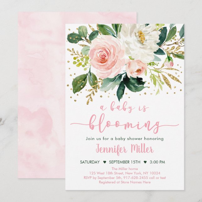 Invitation Bébé est florissant Blush Gold Baby shower Floral (Devant / Derrière)