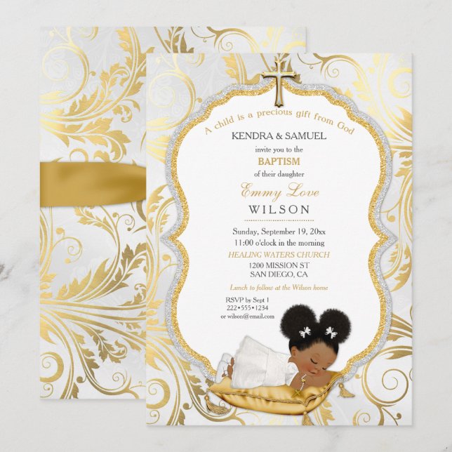 Invitation Bébé ethnique Baptême de fille Christening Gold Cr (Devant / Derrière)