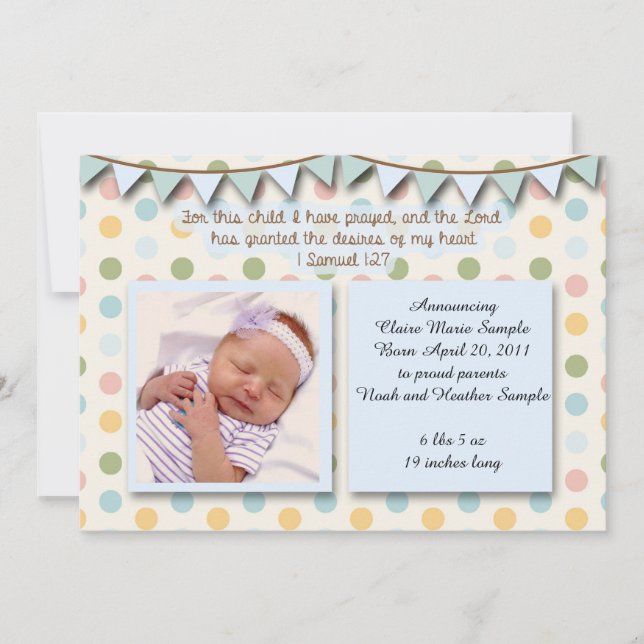 Invitation Bébé Faire-part, Écriture chrétienne pour garçon (Devant)