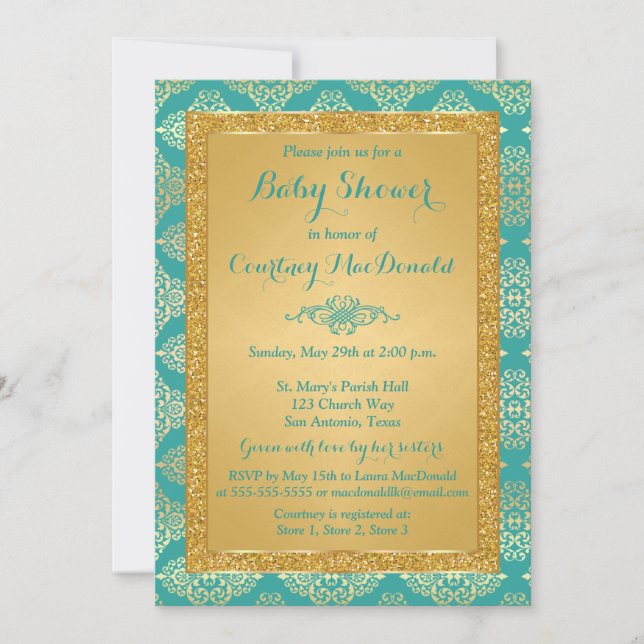 Invitation bébé Fausse Pailletine sarcelle et or (Devant)
