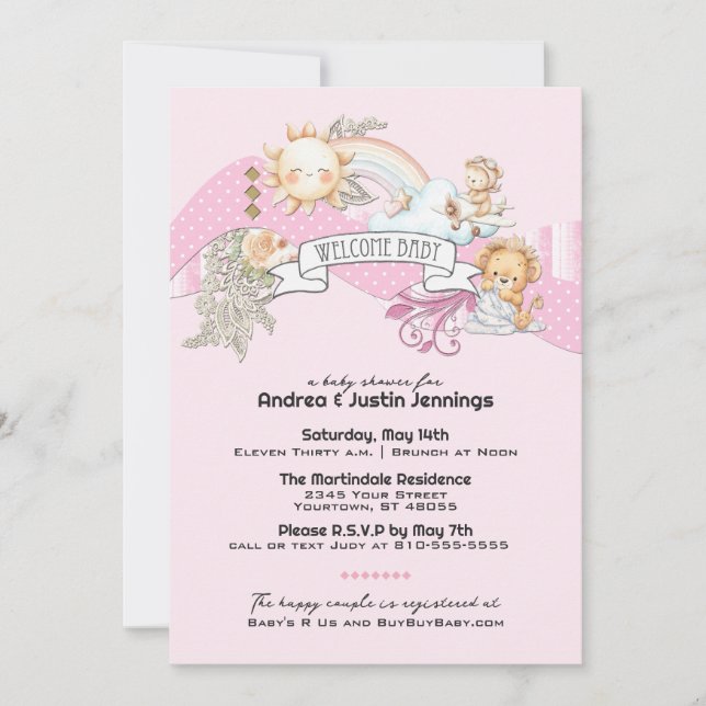 Invitation Bébé fille Aquarelle Baby shower rose (Devant)