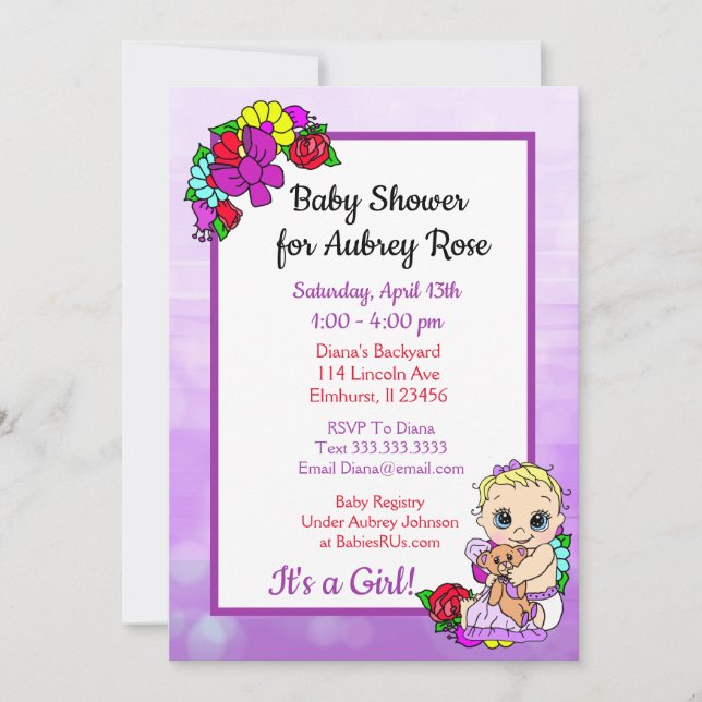 Invitation Bébé fille avec ours en peluche Baby shower pourpr (Devant)